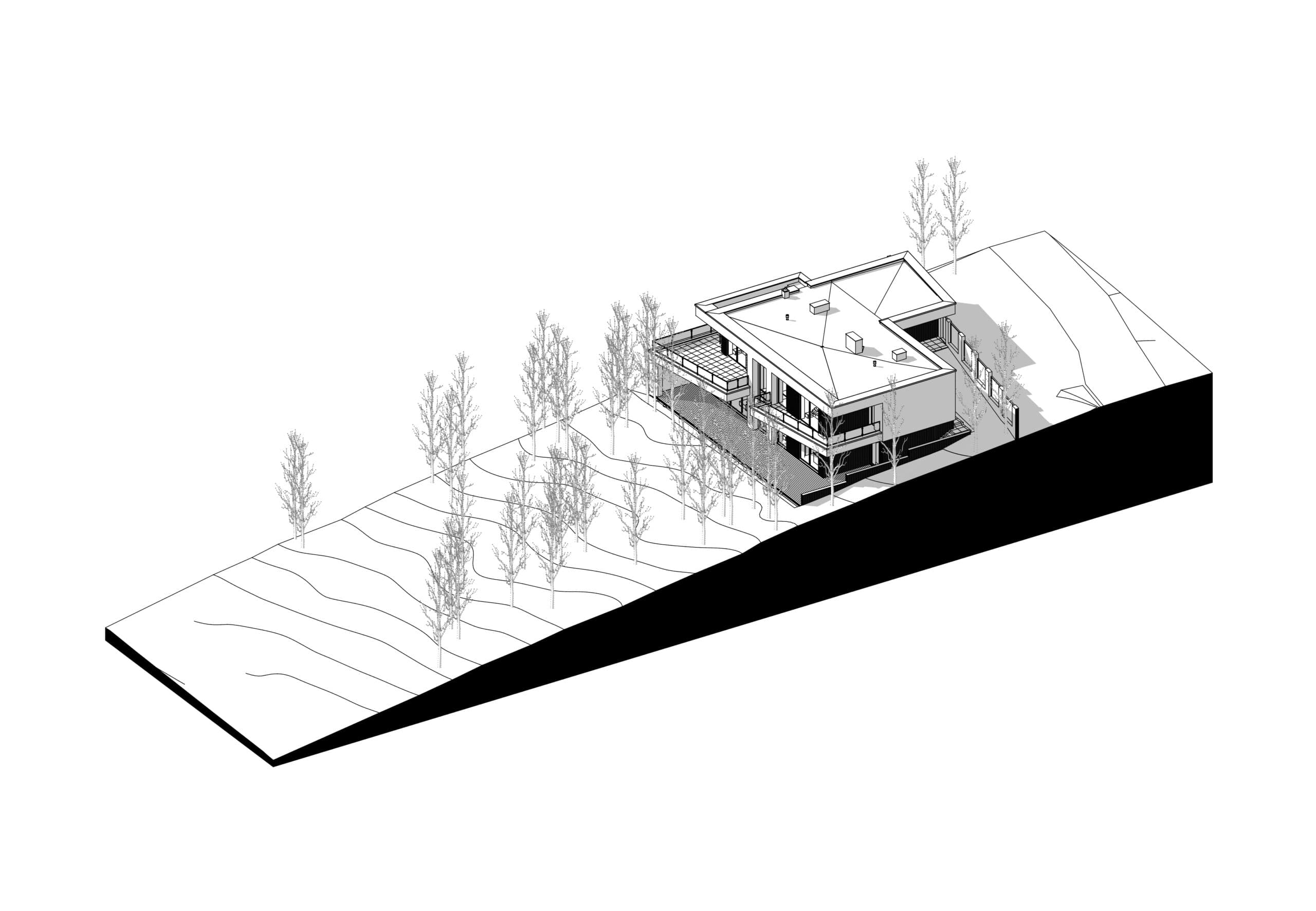 WHITEWOOD AK HOUSE - сучасний двоповерховий будинок на складному рельєфі за межею міста в березовому гаю, є частиною котеджного комплексу Whitewood. При проектуванні та розміщенні будинку на ділянці, наше головне завдання — це максимально зберегти кількість беріз. Тільки таке делікатне ставлення до природного оточення дозволить досягти гармонії між архітектурою та природою.