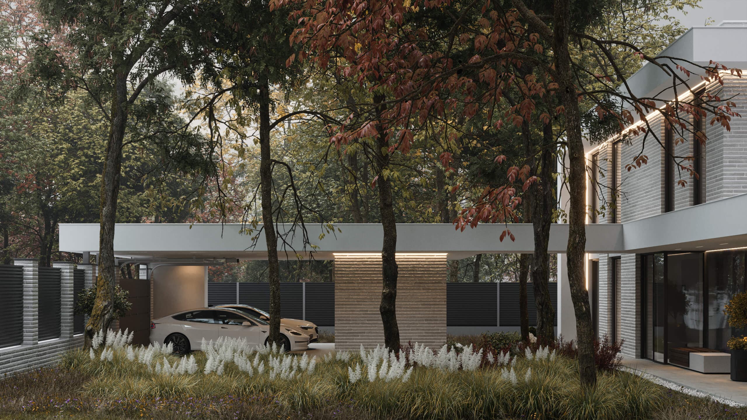 Сучасний двоповерховий будинок LHT HOUSE навіс для авто